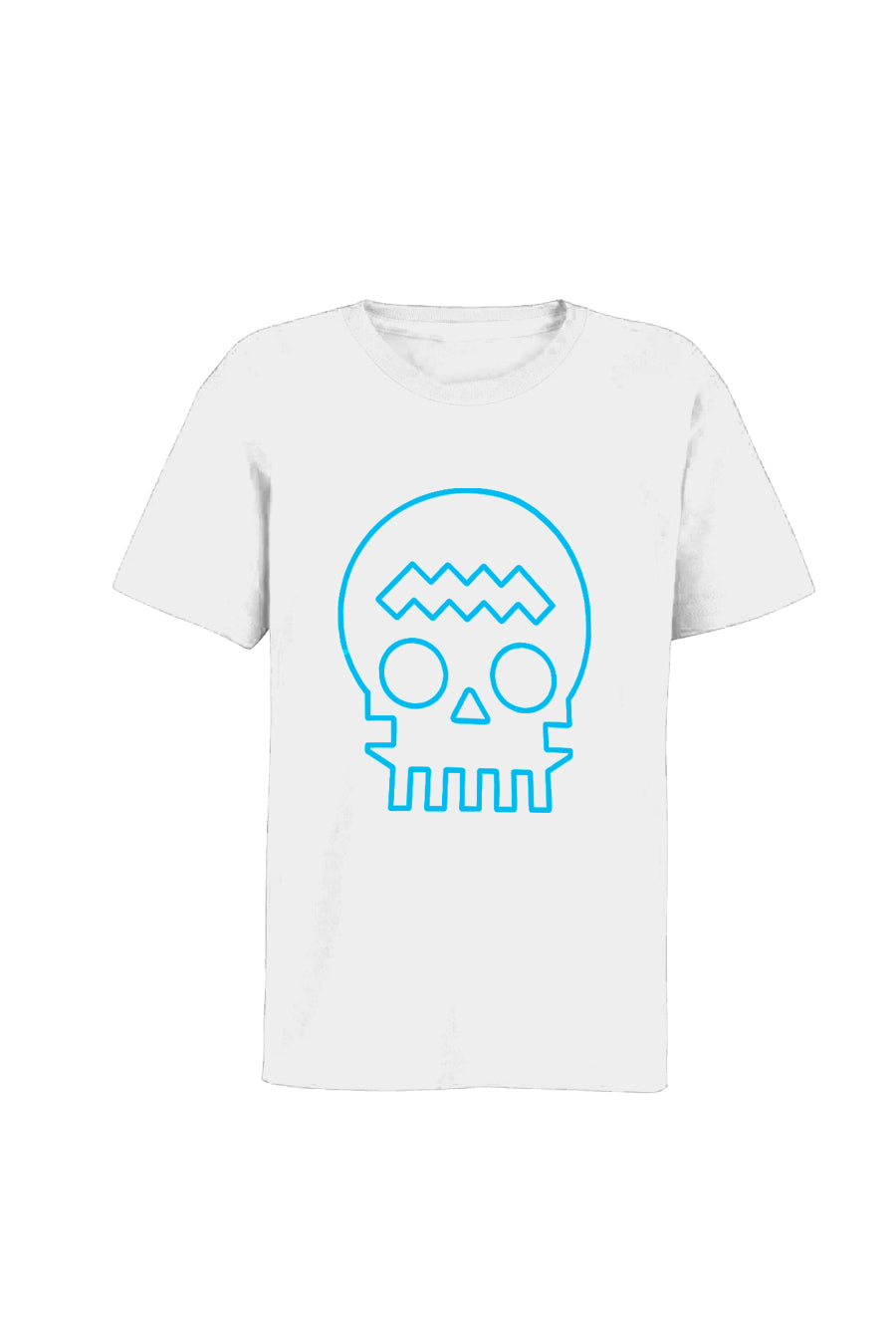 White unisex ZⓈONAMACO T-shirt with turquoise skull