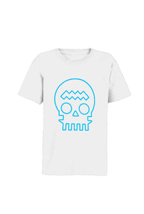 White unisex ZⓈONAMACO T-shirt with turquoise skull